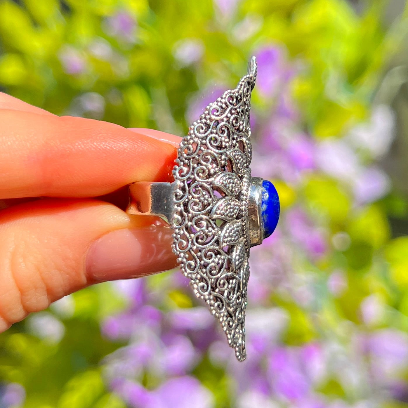 XL Chunky Sterling Silver Boho Blue Lapis Lazuli Ring - Size O