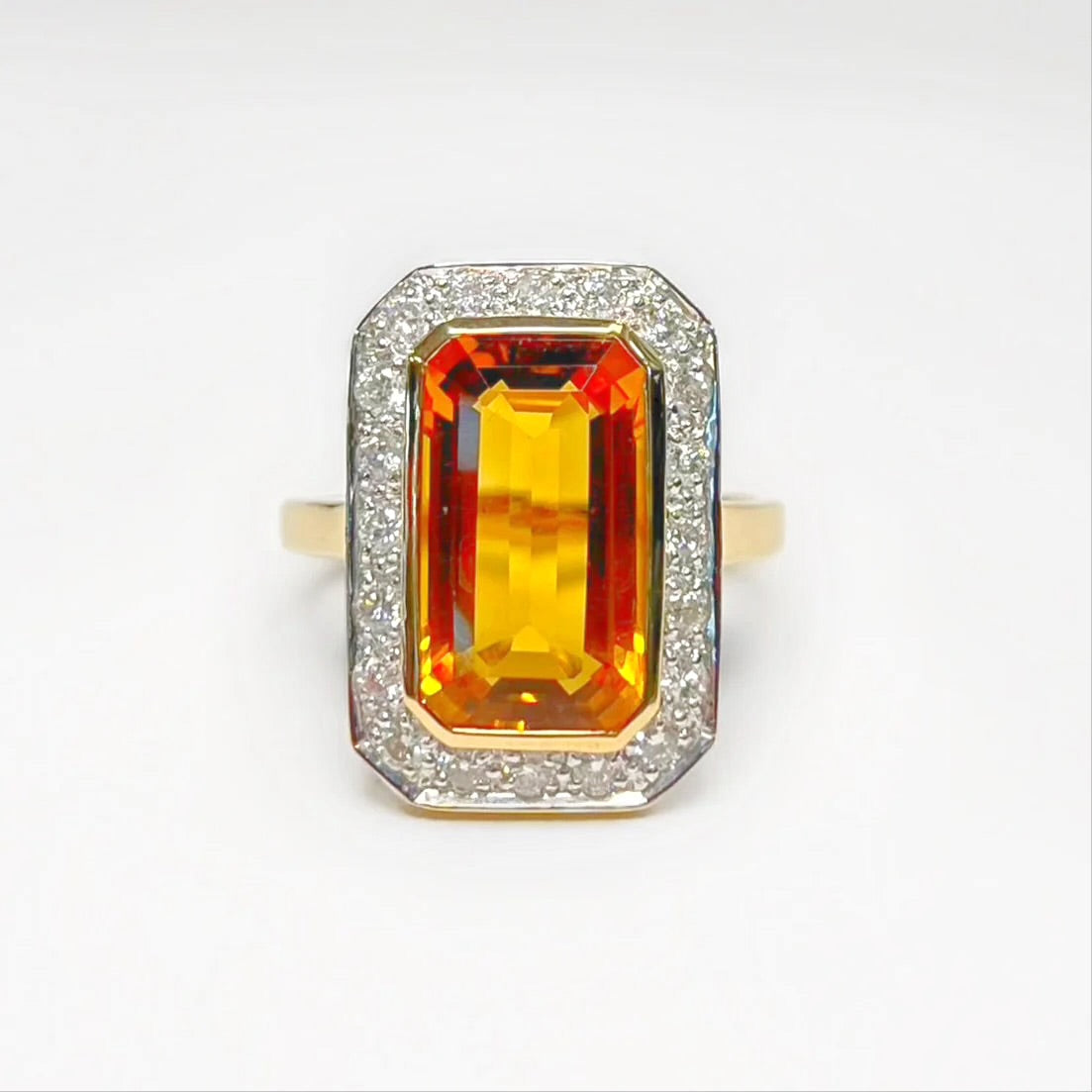 Art Deco Inspired 9ct Yellow Gold Madeira Citrine and Diamond Halo Cocktail Ring - Size N ½