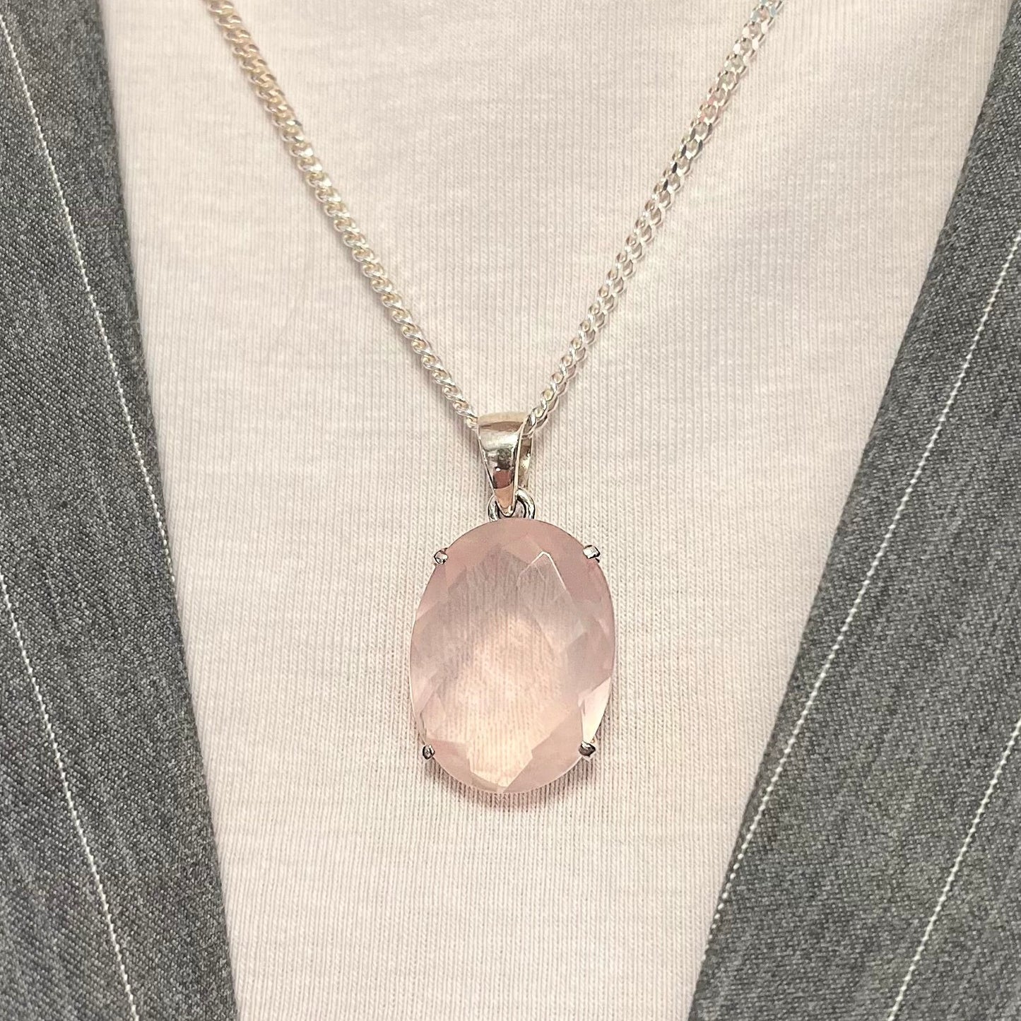 Pink Rose Quartz Sterling Silver Pendant & Chain