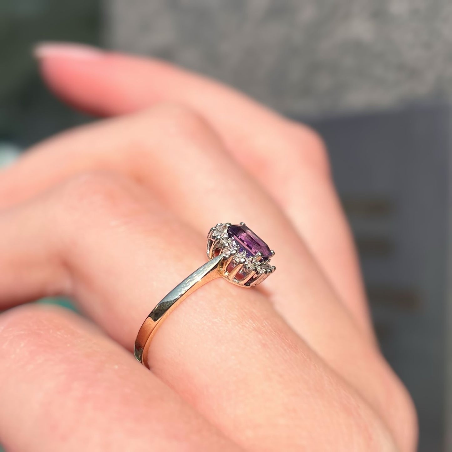 Timeless Vintage 9ct Yellow Gold Emerald Cut Amethyst and Diamond Halo Cluster Ring - Size K