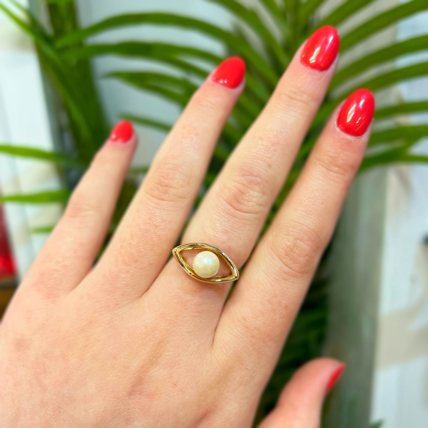 Striking Vintage 9ct Yellow Gold Freshwater Pearl 'Evil Eye' Ring - Size N