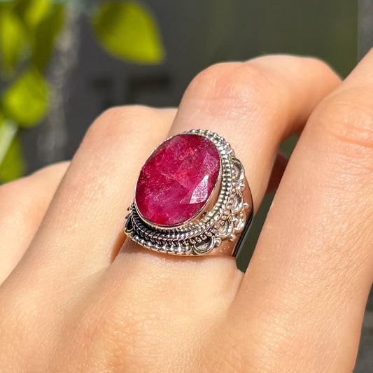 Red Oval Cut Ruby Sterling Silver Chunky Boho Ring - Size N