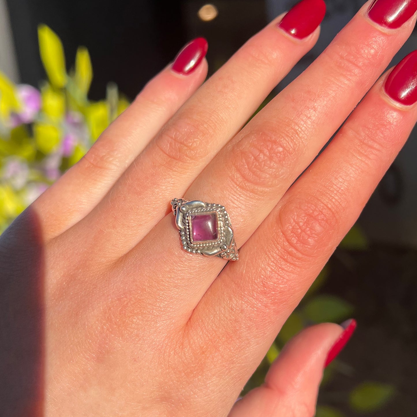 Boho Inspired Dainty Cabochon Amethyst Ring - Size N