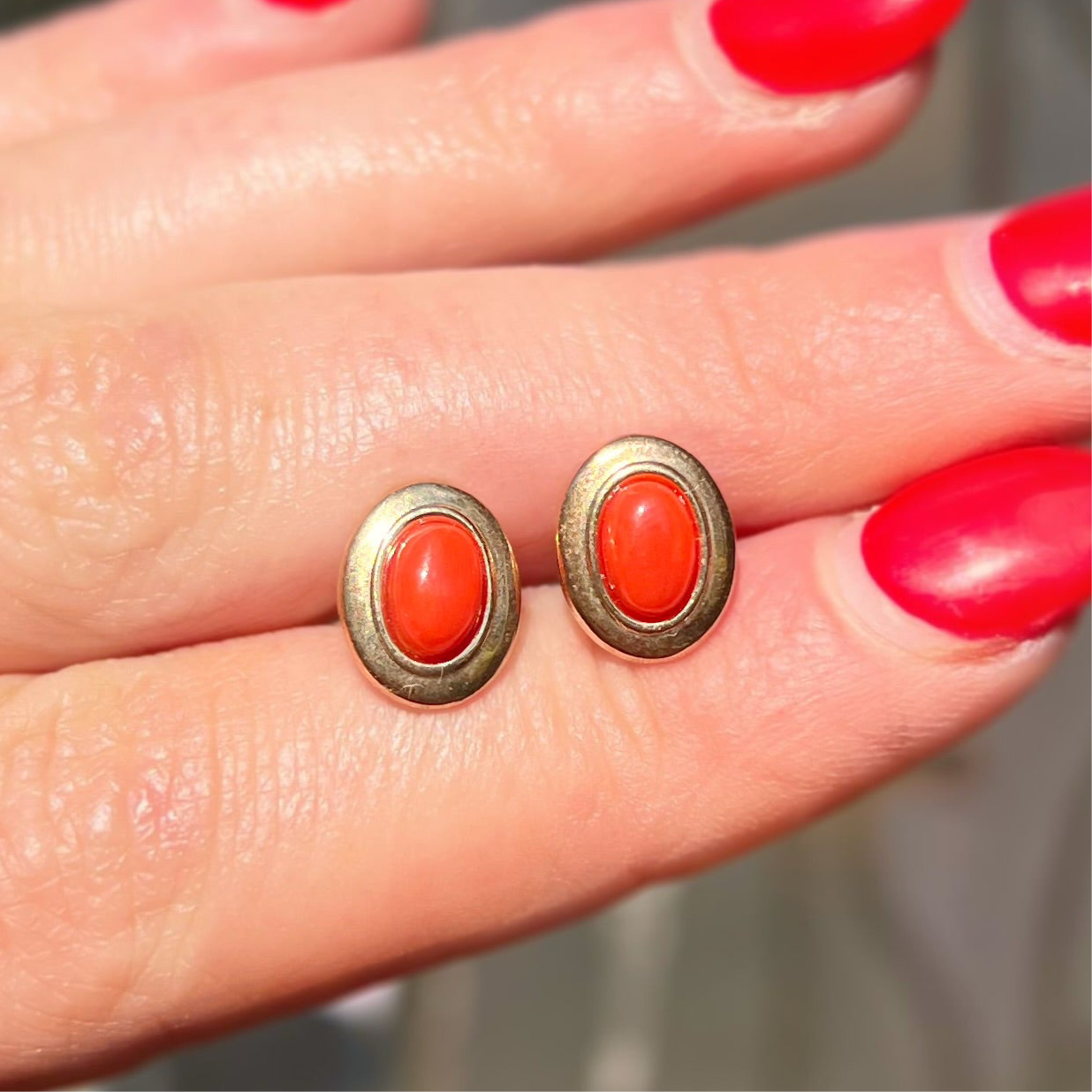 Rare 9ct Yellow Gold Oval Coral Stud Earrings