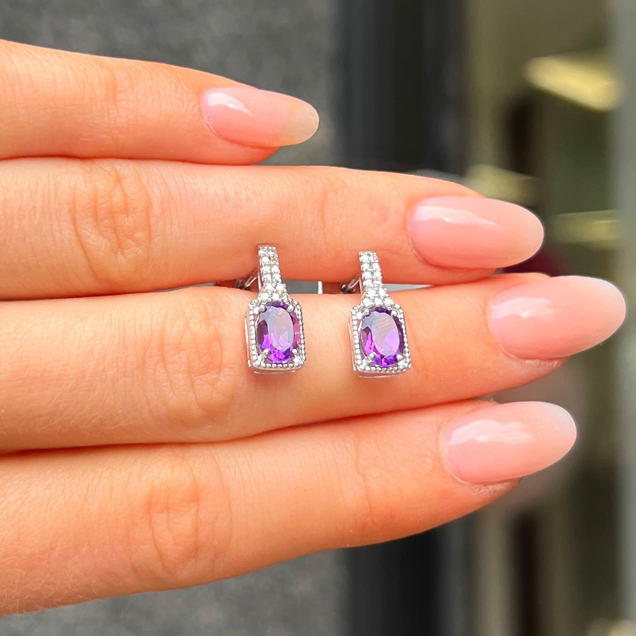 9ct White Gold Purple Amethyst & Diamond Stud Earrings