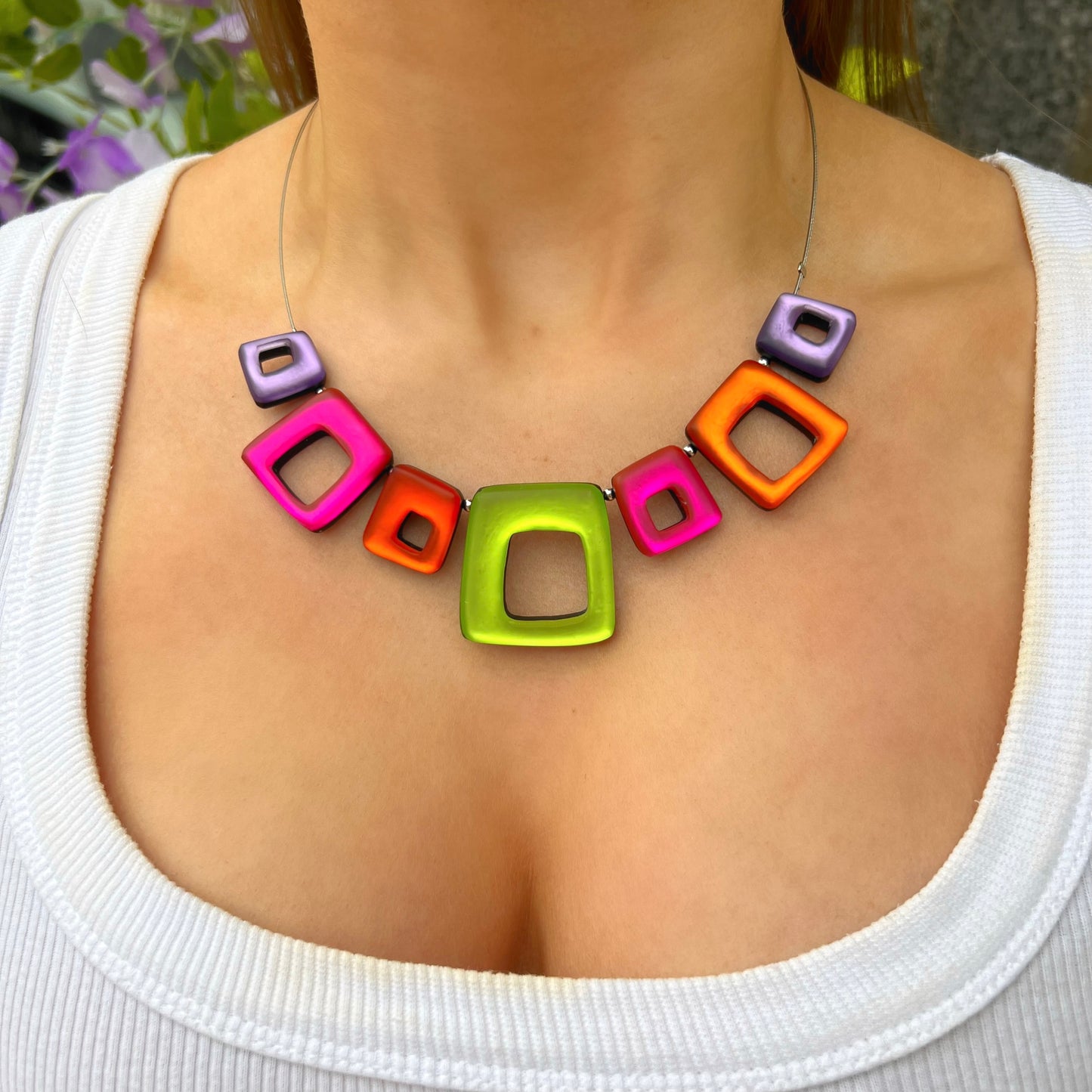 ‘Watch This Space’ Sherbet Pink, Purple, Green & Orange Square Necklace