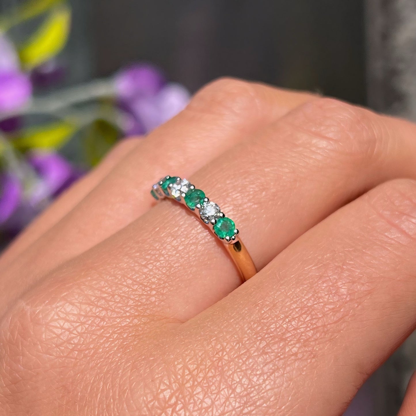 9ct Yellow Gold Green Emerald and Diamond Dainty Eternity Ring - Size O