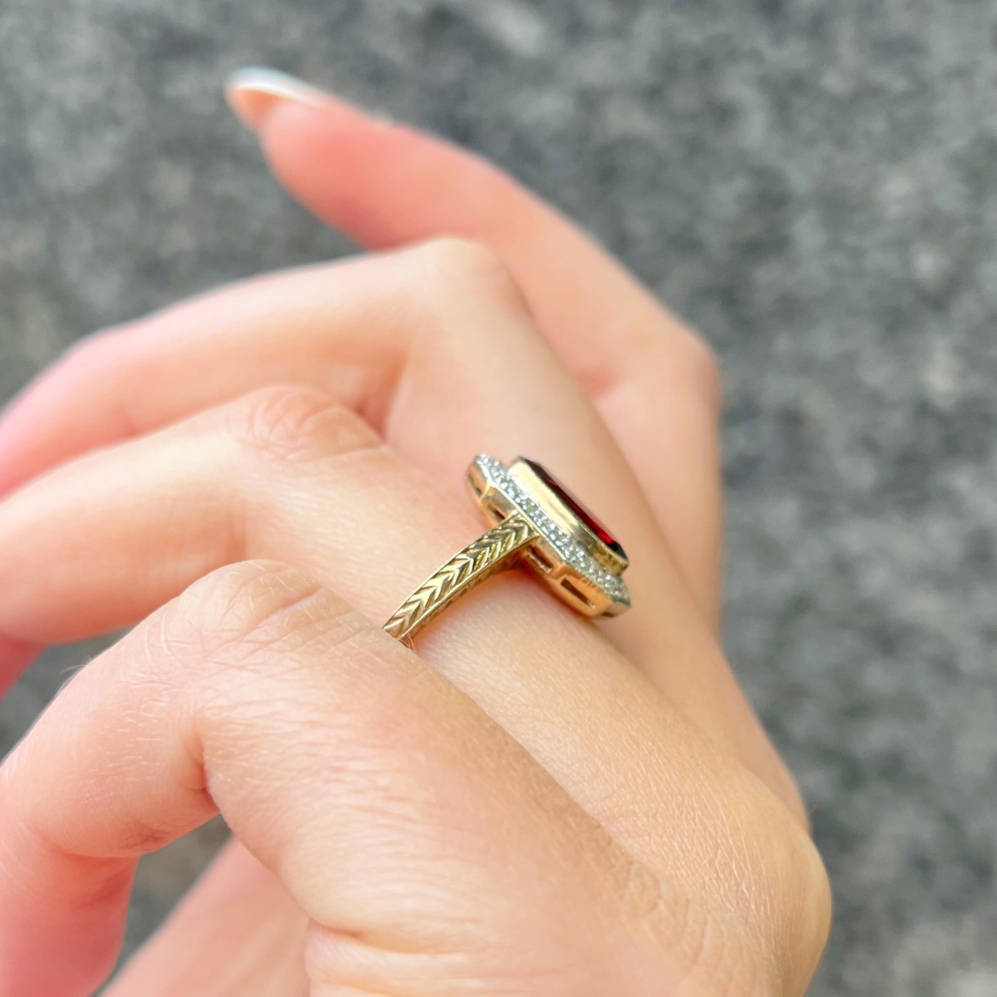 The Anna Ring - Art Deco Inspired 9ct Yellow Gold, Red Garnet and Diamond Ring Size L ½
