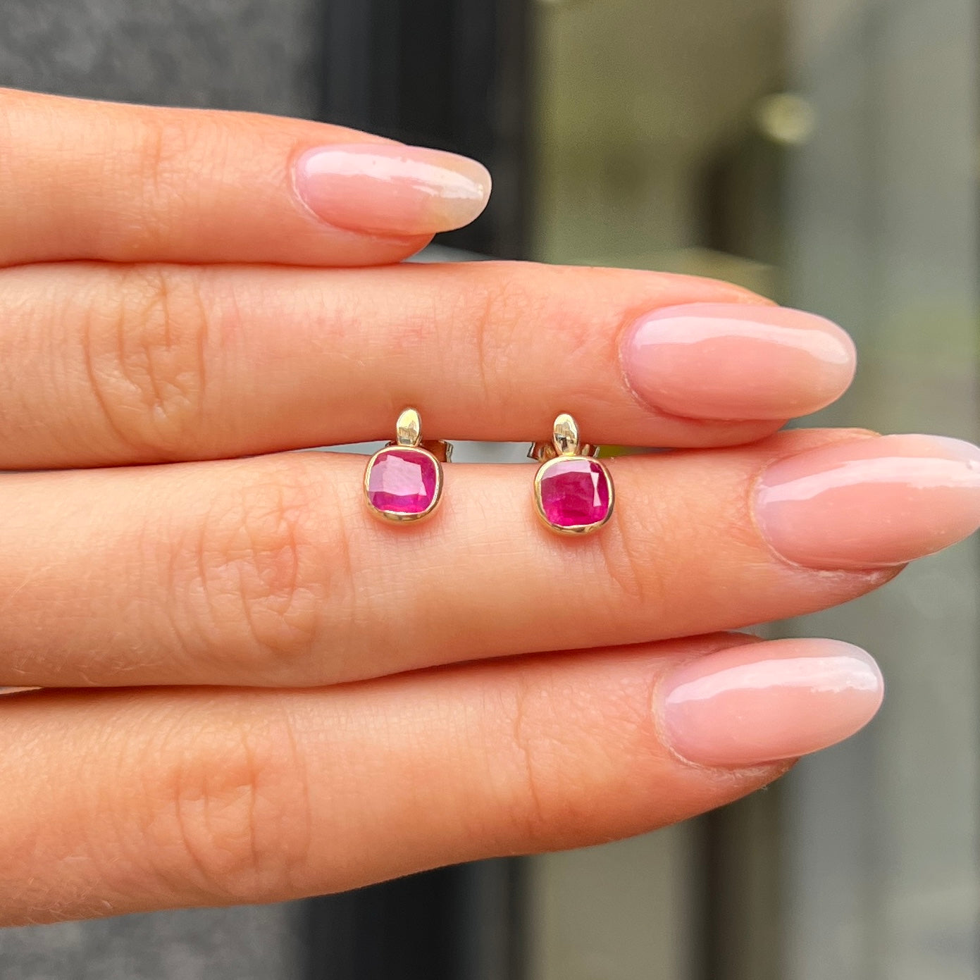 Dainty 9ct Yellow Gold Pink Ruby Square Stud Earrings