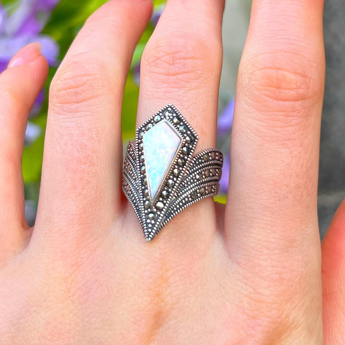 Unique Sterling Silver Opal & Marcasite Ring - Size M