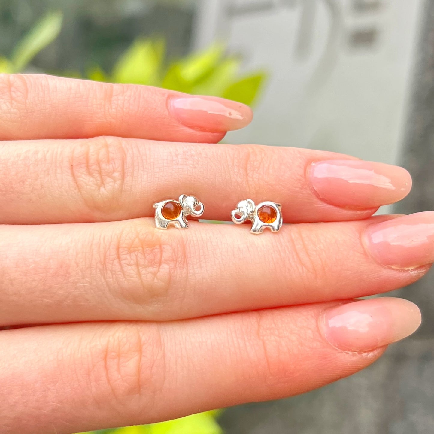 Sterling Silver Orange Amber Lucky Elephant Small Stud Earrings