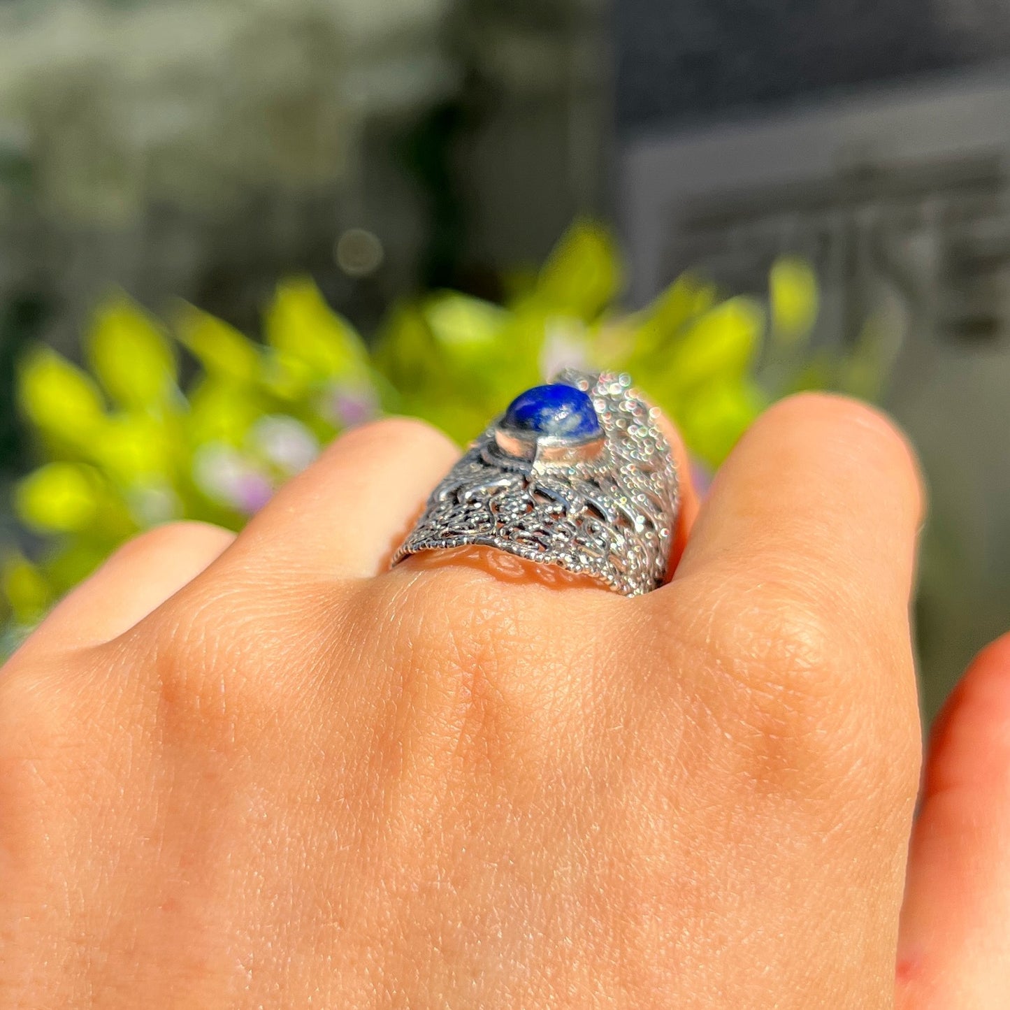 XL Chunky Sterling Silver Boho Blue Lapis Lazuli Ring - Size O