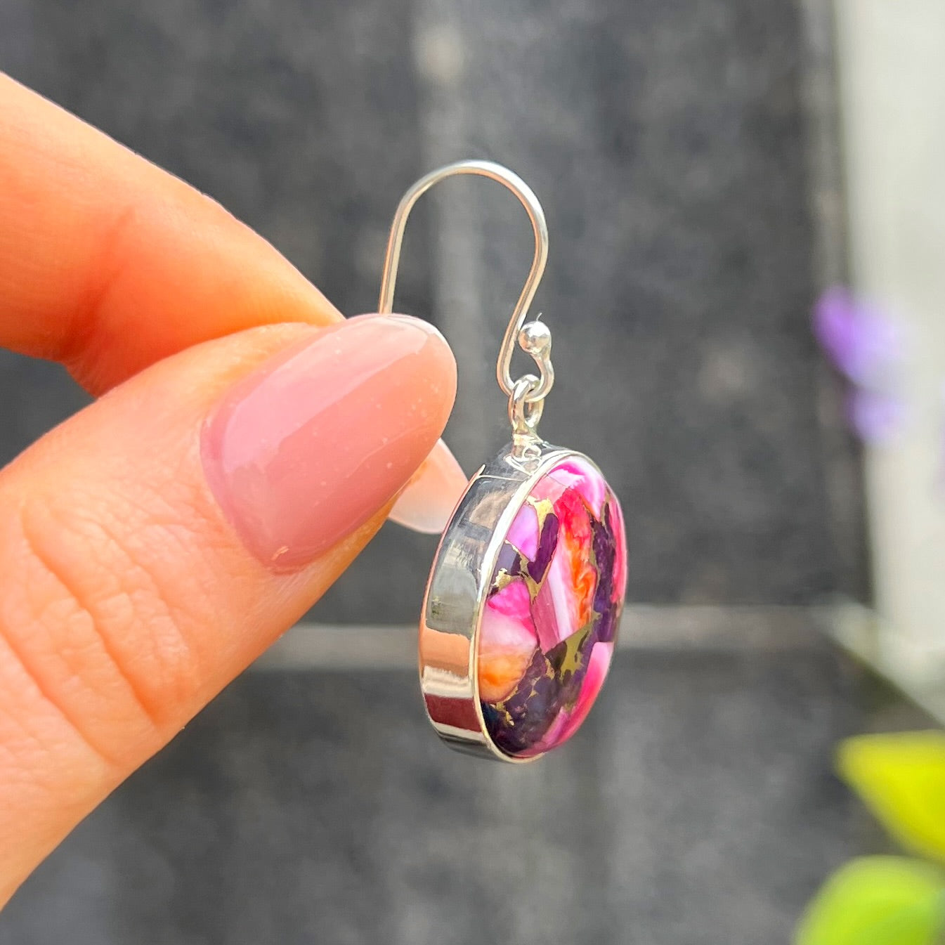 RARE Pink & Purple Dahlia Turquoise Sterling Silver Drop Earrings