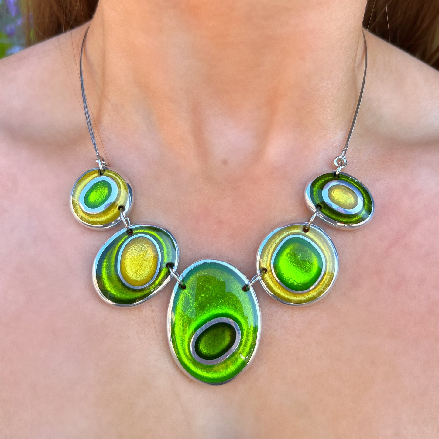 ‘Watch This Space’ Dark & Lime Green Oval Necklace