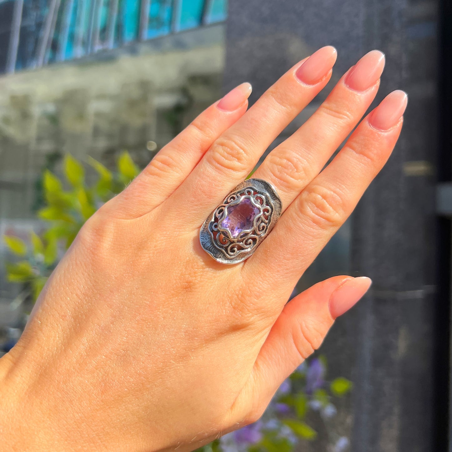 Swirl Sterling Silver Amethyst Ring - Size R