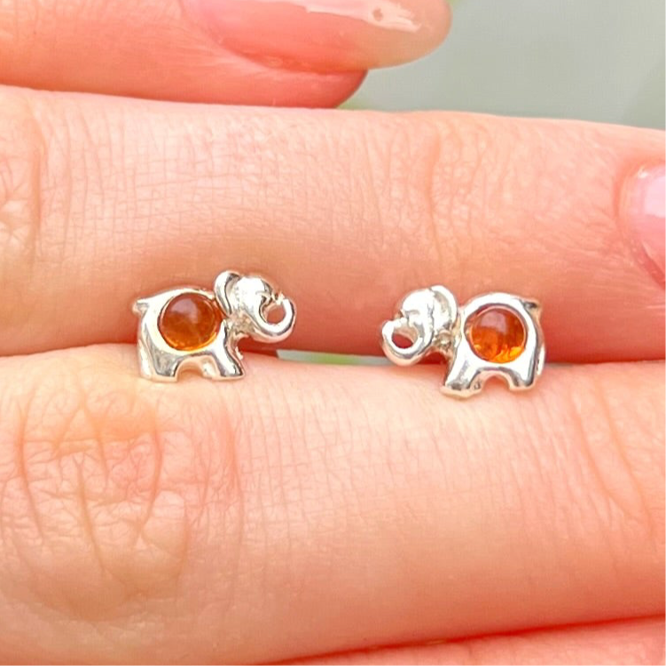 Sterling Silver Orange Amber Lucky Elephant Small Stud Earrings
