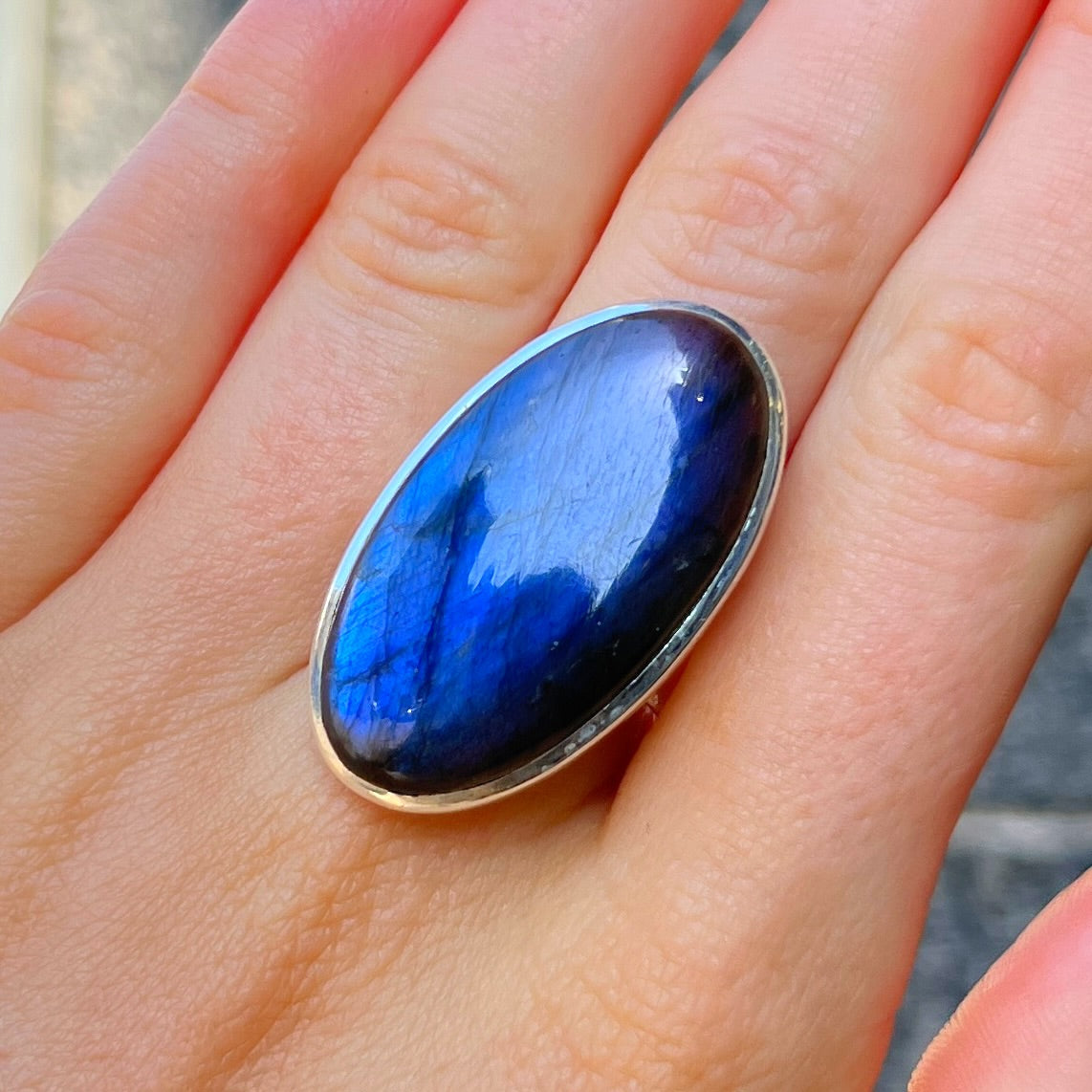 Chunky Sterling Silver Dark Blue Labradorite Ring - Adjustable Size