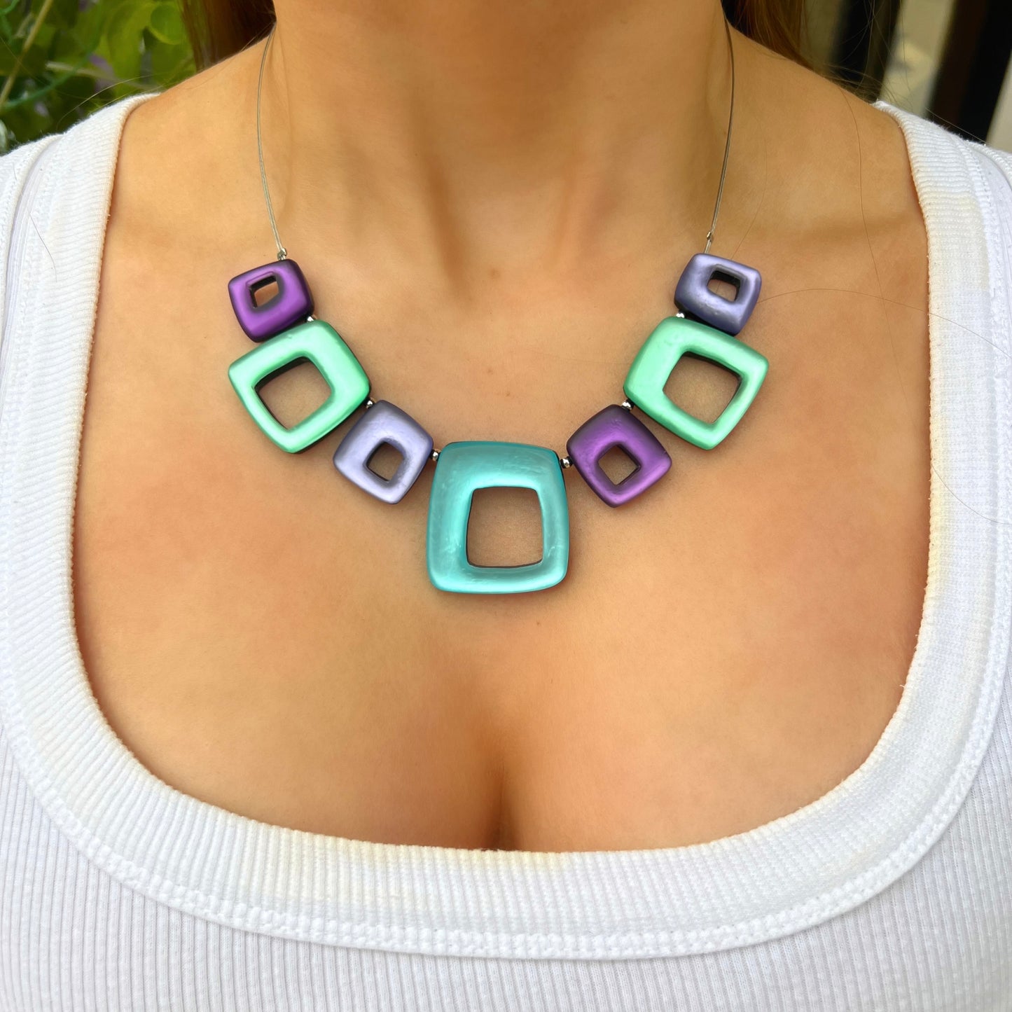 ‘Watch This Space’ Blue & Purple Square Necklace
