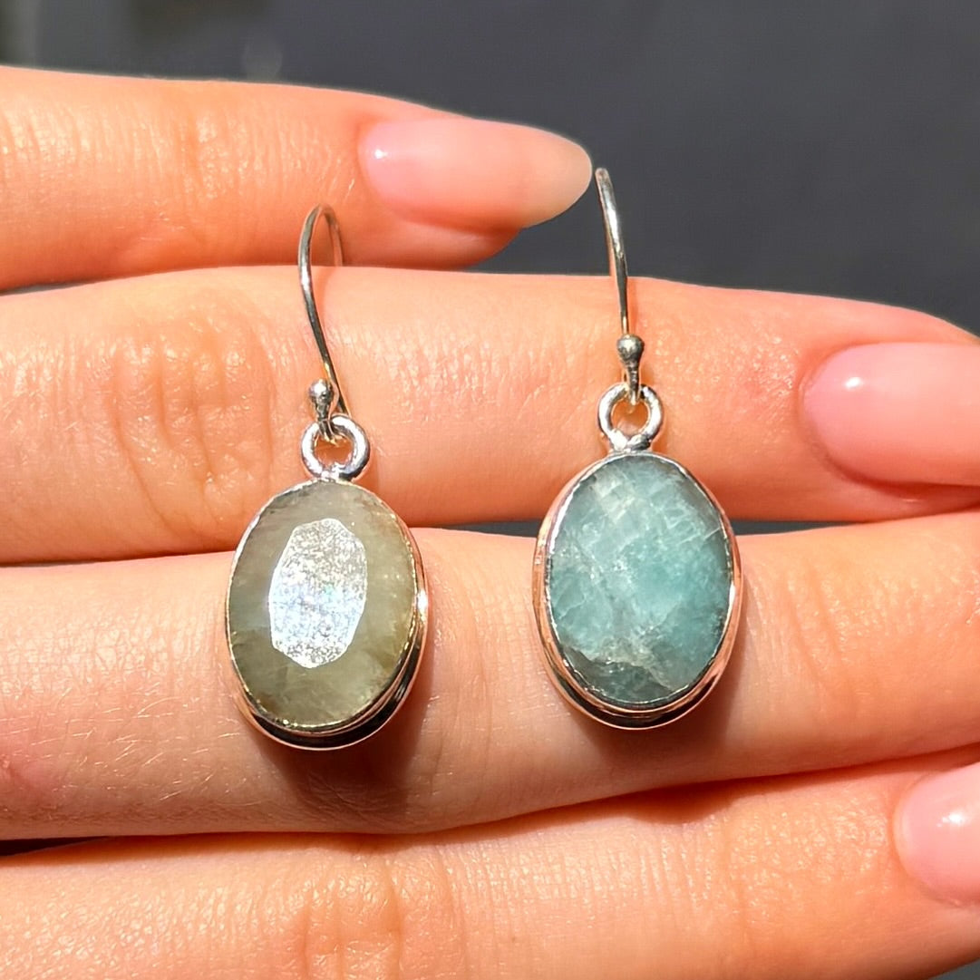 Naturally Varied Oval Cut Green Emerald Sterling Silver Drop Earrings