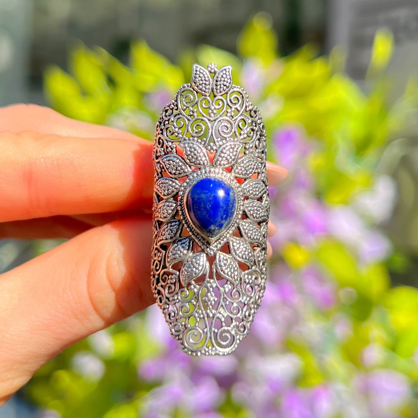 XL Chunky Sterling Silver Boho Blue Lapis Lazuli Ring - Size O