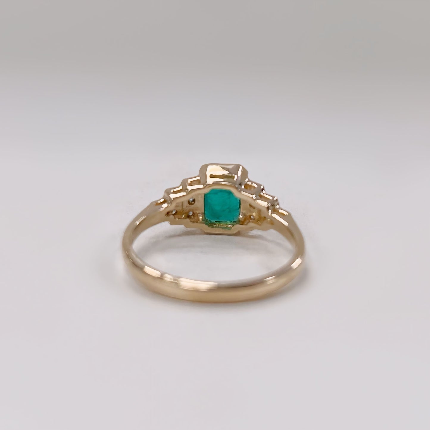 9ct Yellow Gold Art Deco Inspired Emerald and Diamond Ring - Size N ½