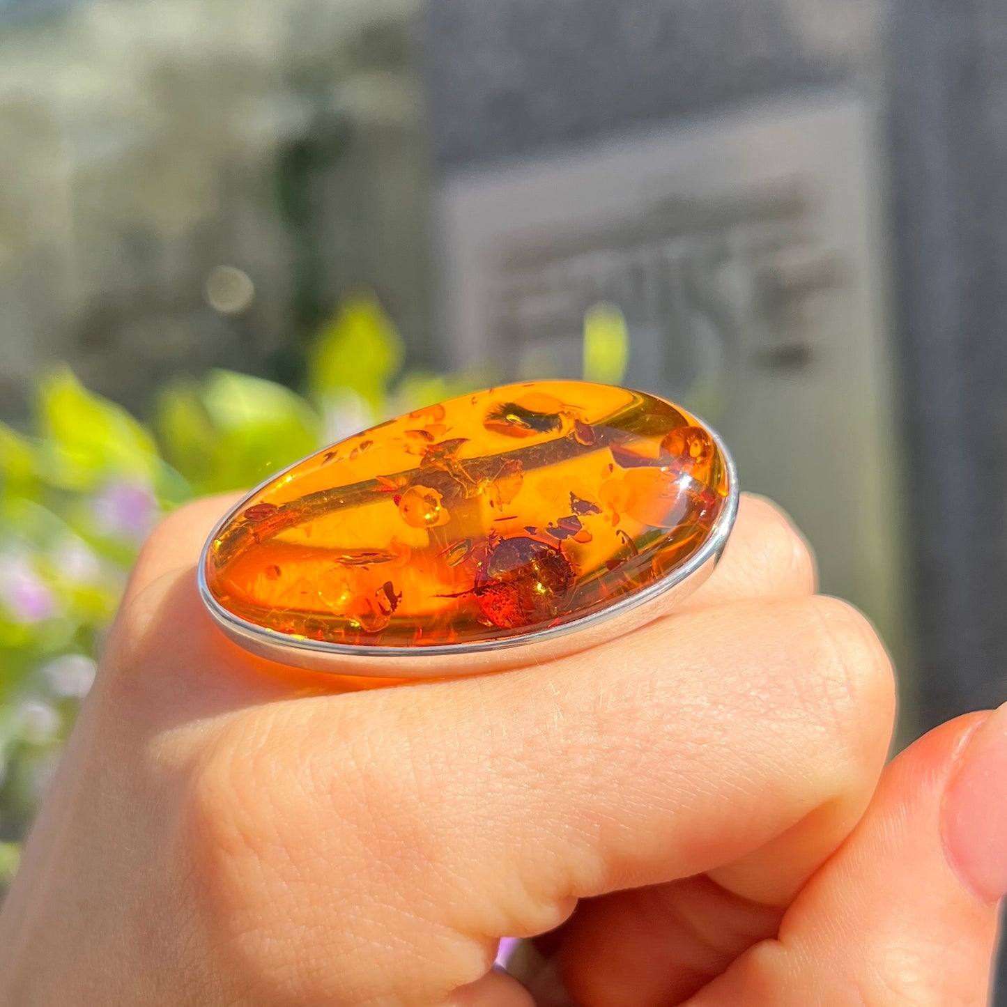 Super Chunky Sterling Silver Orange Amber Ring - Size U