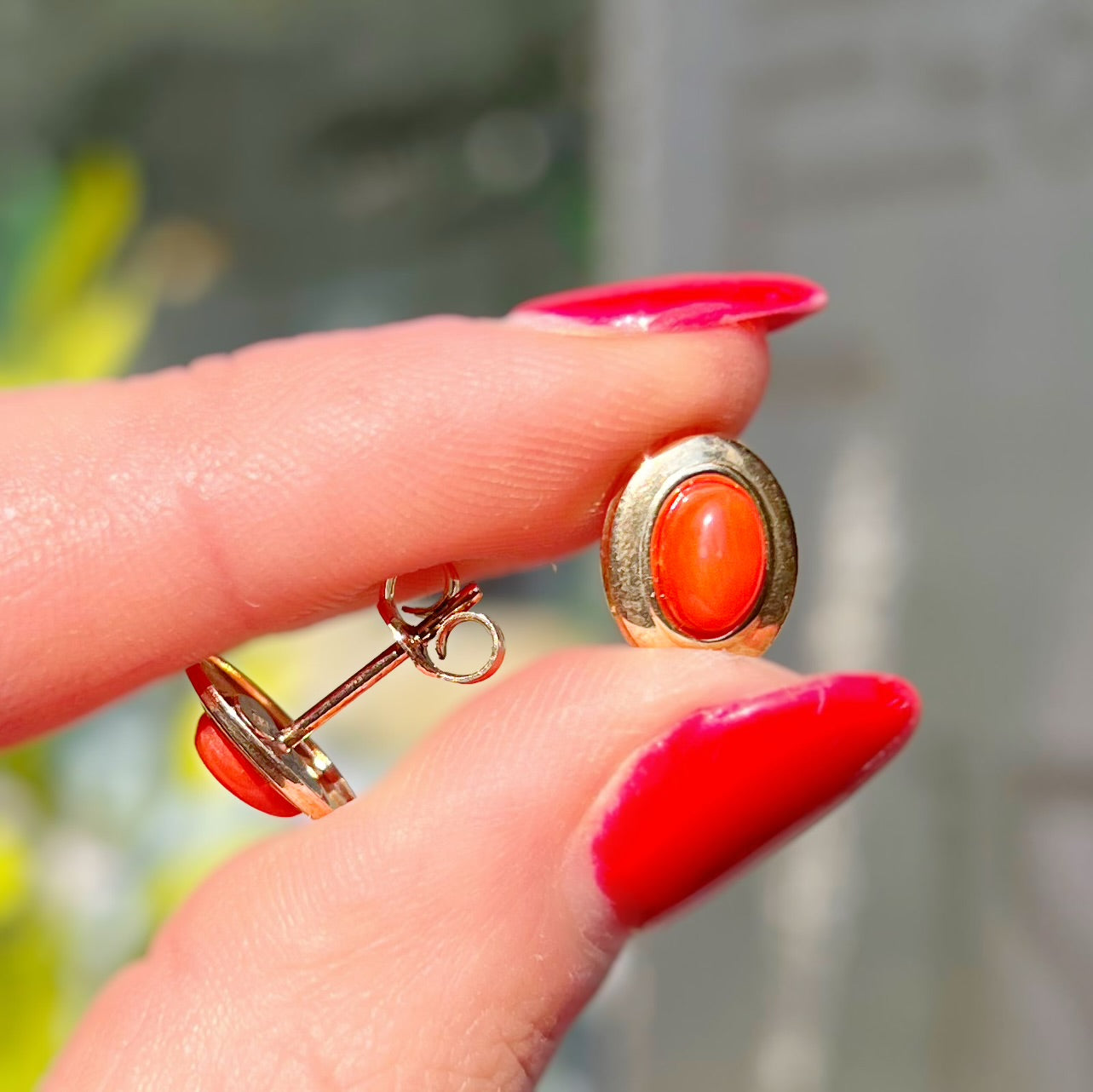 Rare 9ct Yellow Gold Oval Coral Stud Earrings