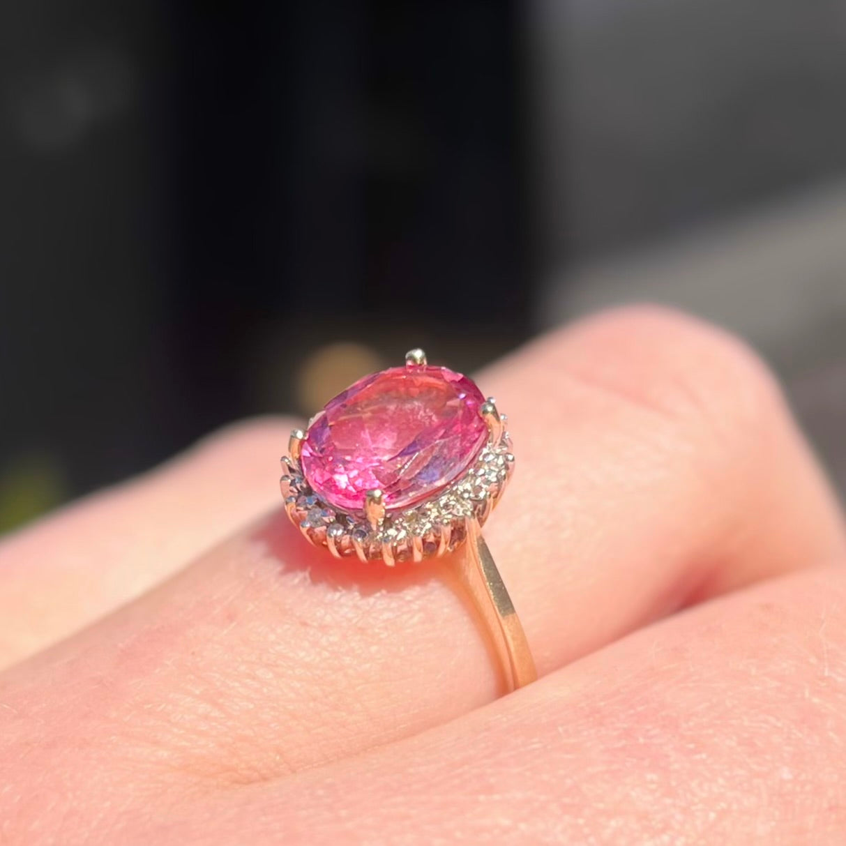 Vintage 9ct Yellow Gold Pink Topaz and Diamond Halo Dress Ring - Size J ½