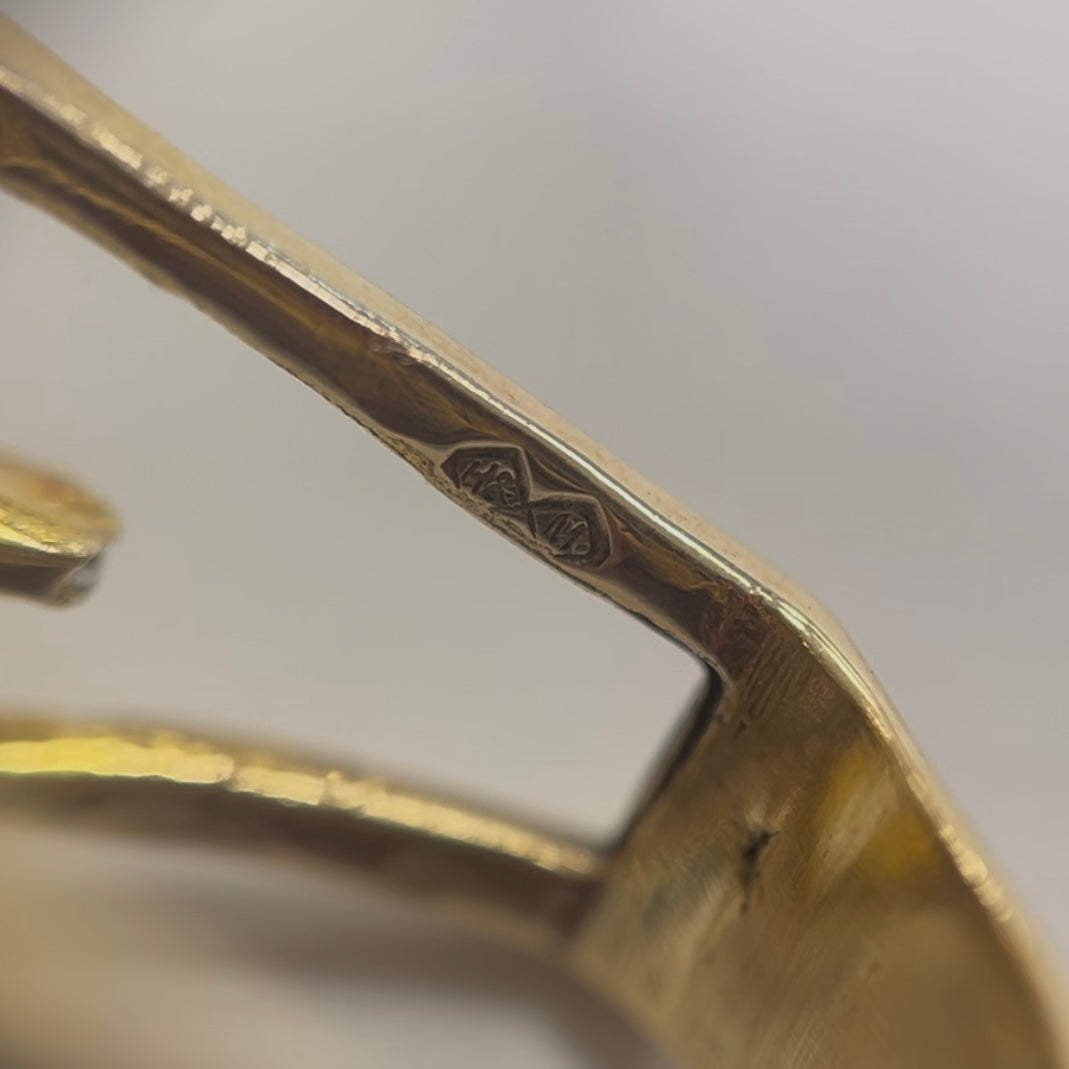 RARE Vintage 1970s Brutalist Style 9ct Yellow Gold Green Tourmaline and Diamond Dress Ring - Size R