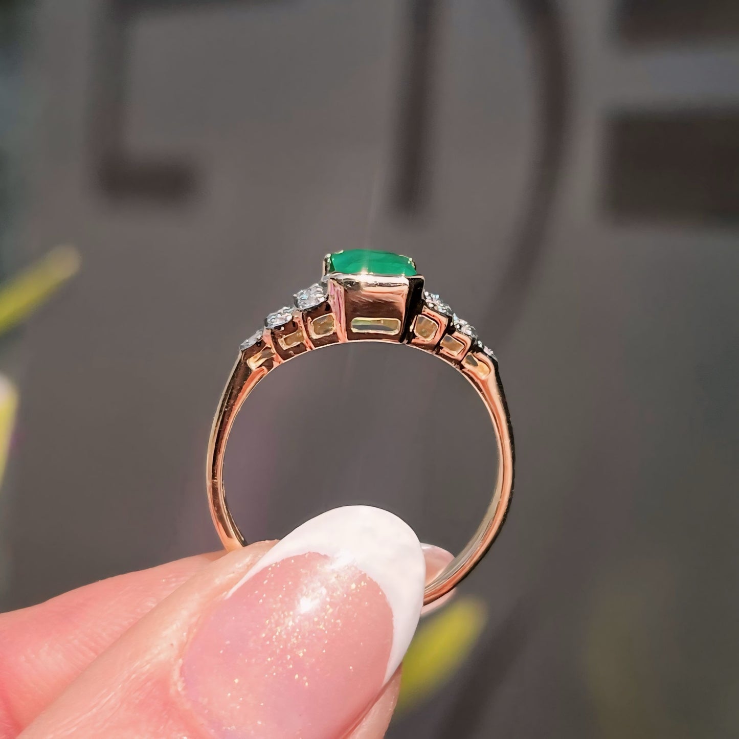 9ct Yellow Gold Art Deco Inspired Emerald and Diamond Ring - Size N ½
