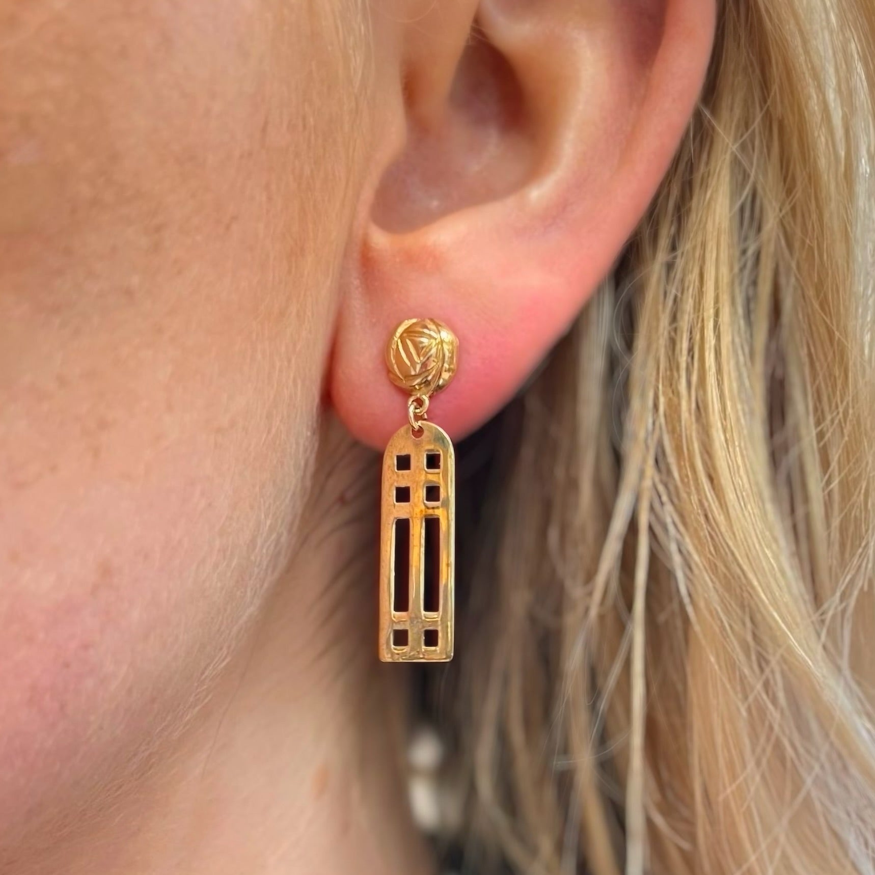 Vintage 9ct Yellow Gold Charles Rennie Mackintosh Inspired Panel Drop Earrings