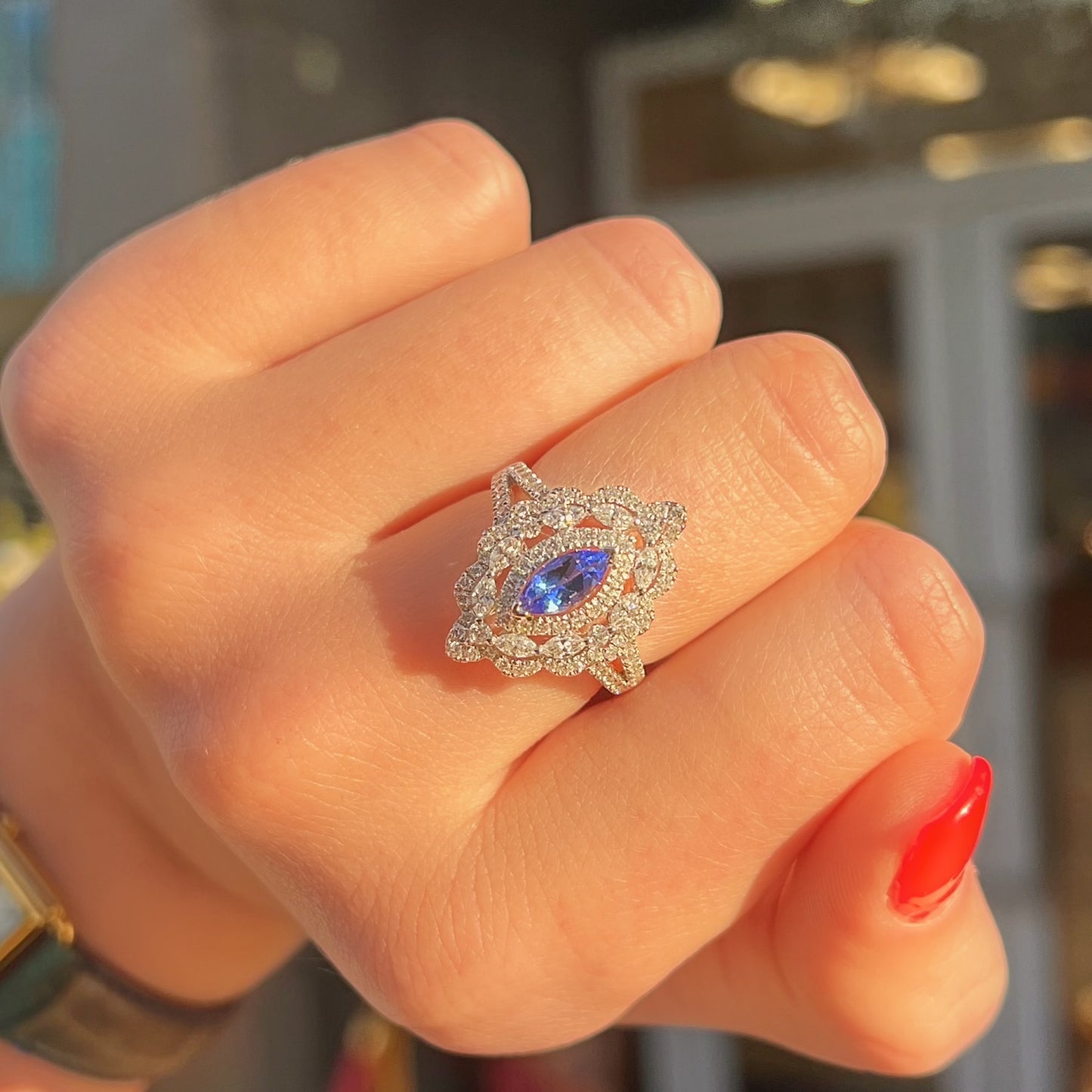 The 'Victoria' Ring - Sparkling 18ct White Gold Marquise Tanzanite and Diamond - Size O