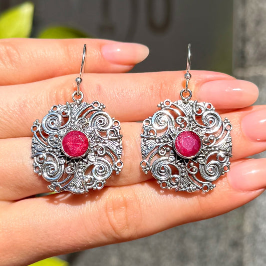 Red Round Cut Ruby Sterling Silver Boho Drop Earrings