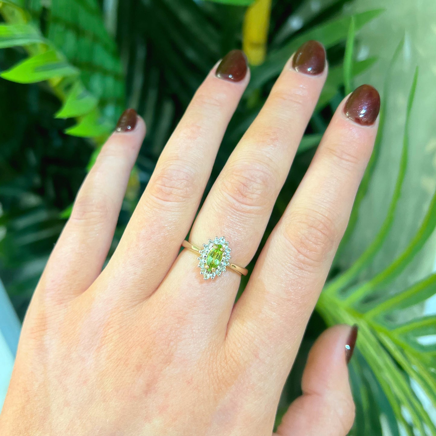 RESERVED | Vintage 9ct Yellow Gold Marquise Peridot and White Topaz Cluster Ring - Size N