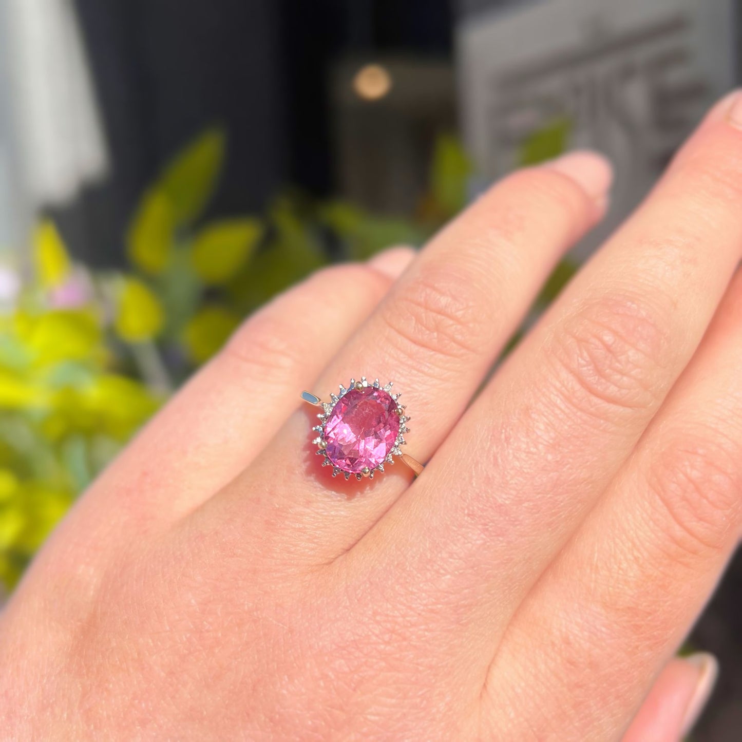 Vintage 9ct Yellow Gold Pink Topaz and Diamond Halo Dress Ring - Size J ½