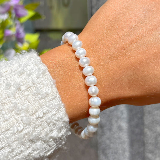 White Freshwater Pearl Beaded Sterling Silver Bracelet