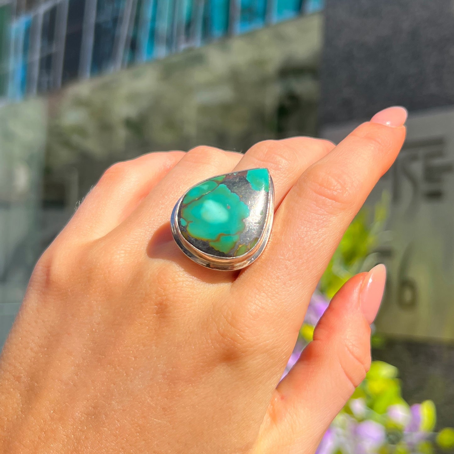 Statement Sterling Silver Pear Cut Green Turquoise Ring - Size O