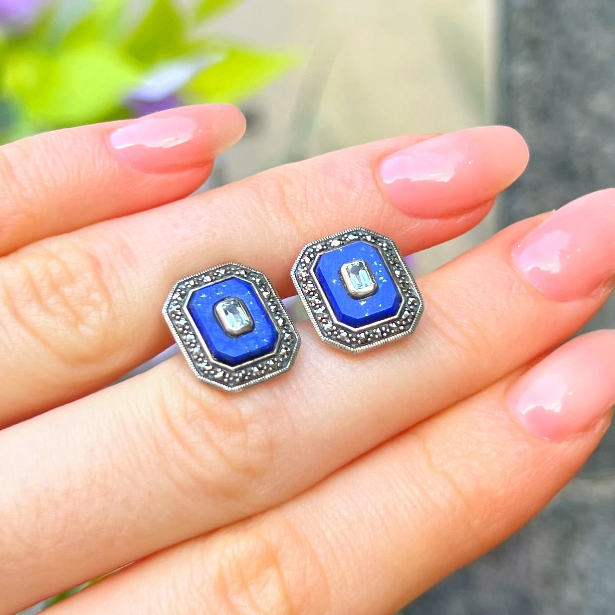 Sterling Silver Blue Lapis Lazuli, Topaz & Marcasite Square Stud Earrings