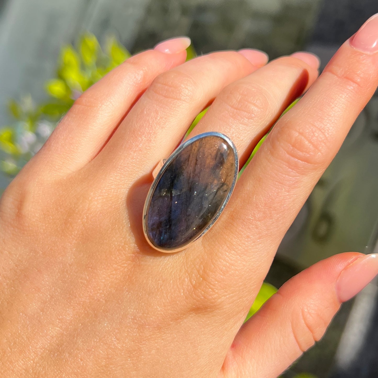 Chunky Sterling Silver Dark Blue Labradorite Ring - Adjustable Size