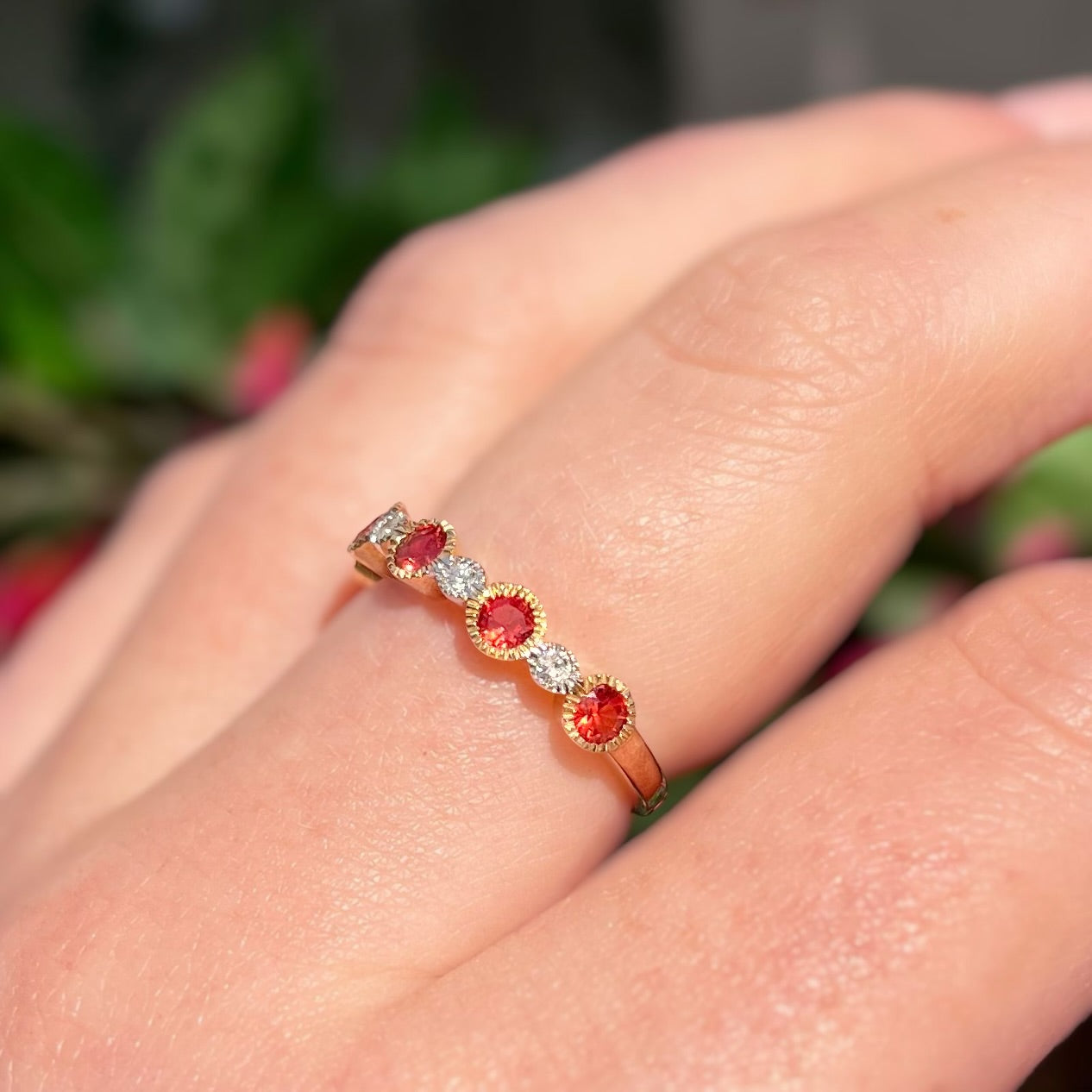 RARE 9ct Yellow Gold Orange Sapphire and Diamond Half Eternity Ring - Size O