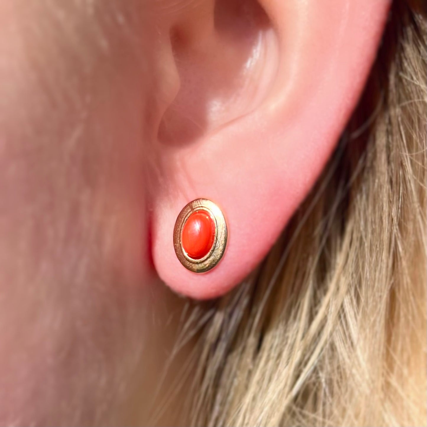Rare 9ct Yellow Gold Oval Coral Stud Earrings
