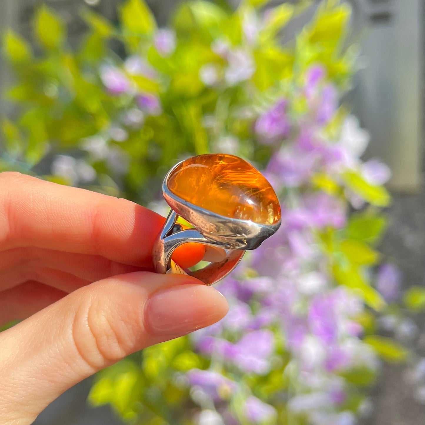 Super Chunky Sterling Silver Orange Amber Ring - Adjustable Size