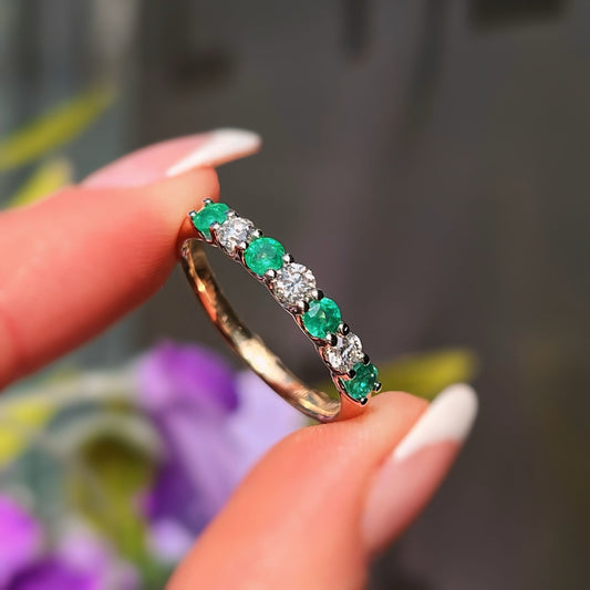 9ct Yellow Gold Green Emerald and Diamond Dainty Eternity Ring  - Size O