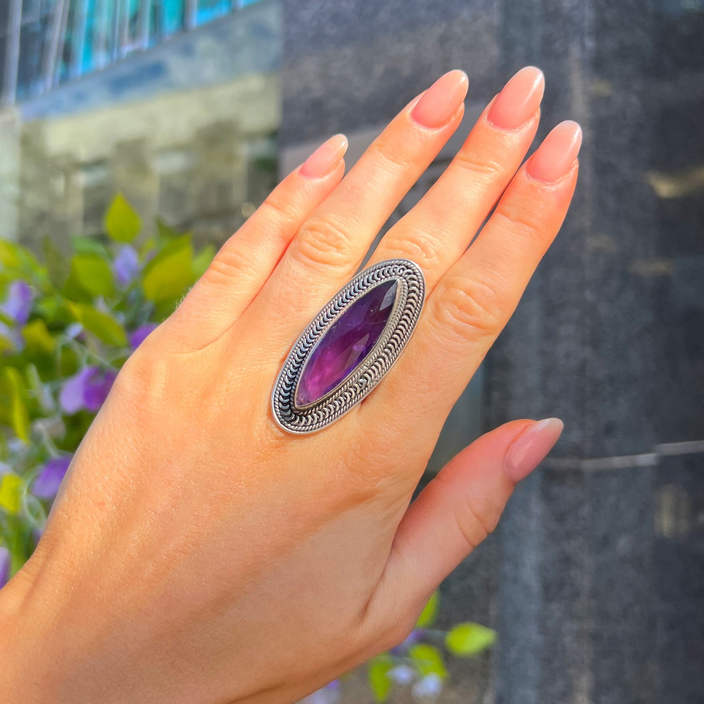 Sterling Silver XL Chunky Boho Inspired Purple Amethyst Ring - Size R