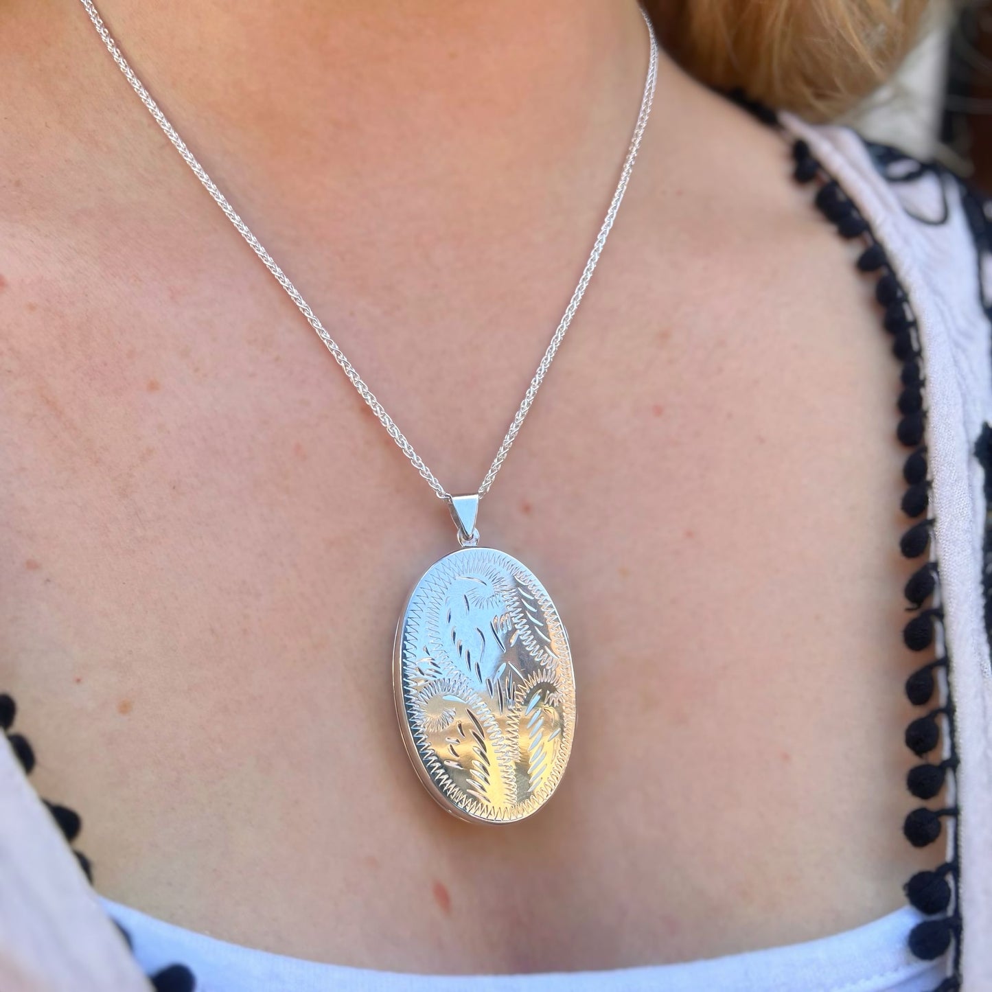 Large Sterling Silver Double-Sided Engraved Oval Locket