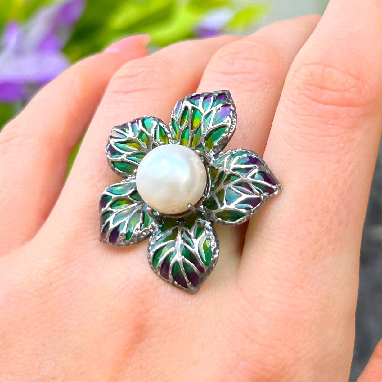 Sterling Silver Pearl and Green/Purple Ombré Enamel Ring - Size O