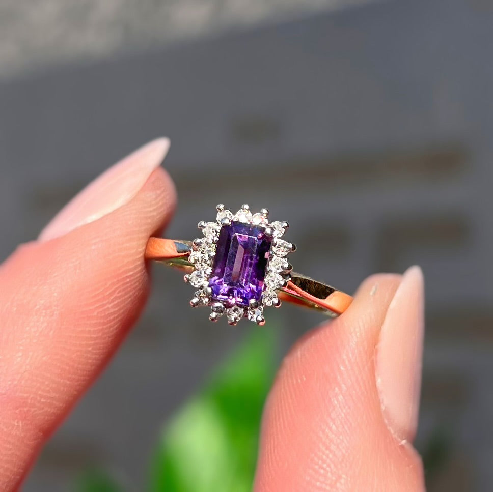Timeless Vintage 9ct Yellow Gold Emerald Cut Amethyst and Diamond Halo Cluster Ring - Size K