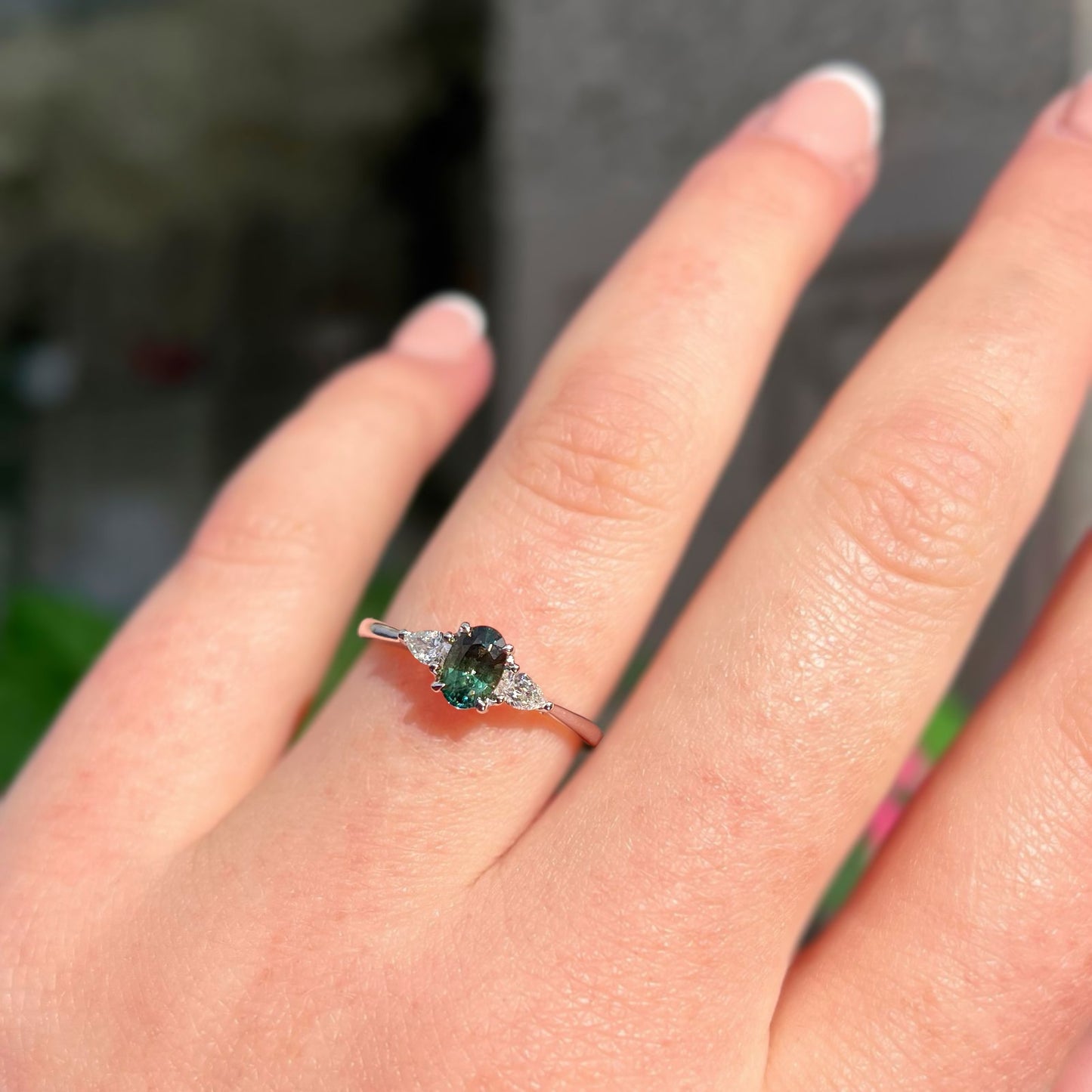 Classic Platinum Green Sapphire and Diamond Trilogy Ring - Size M 1/2