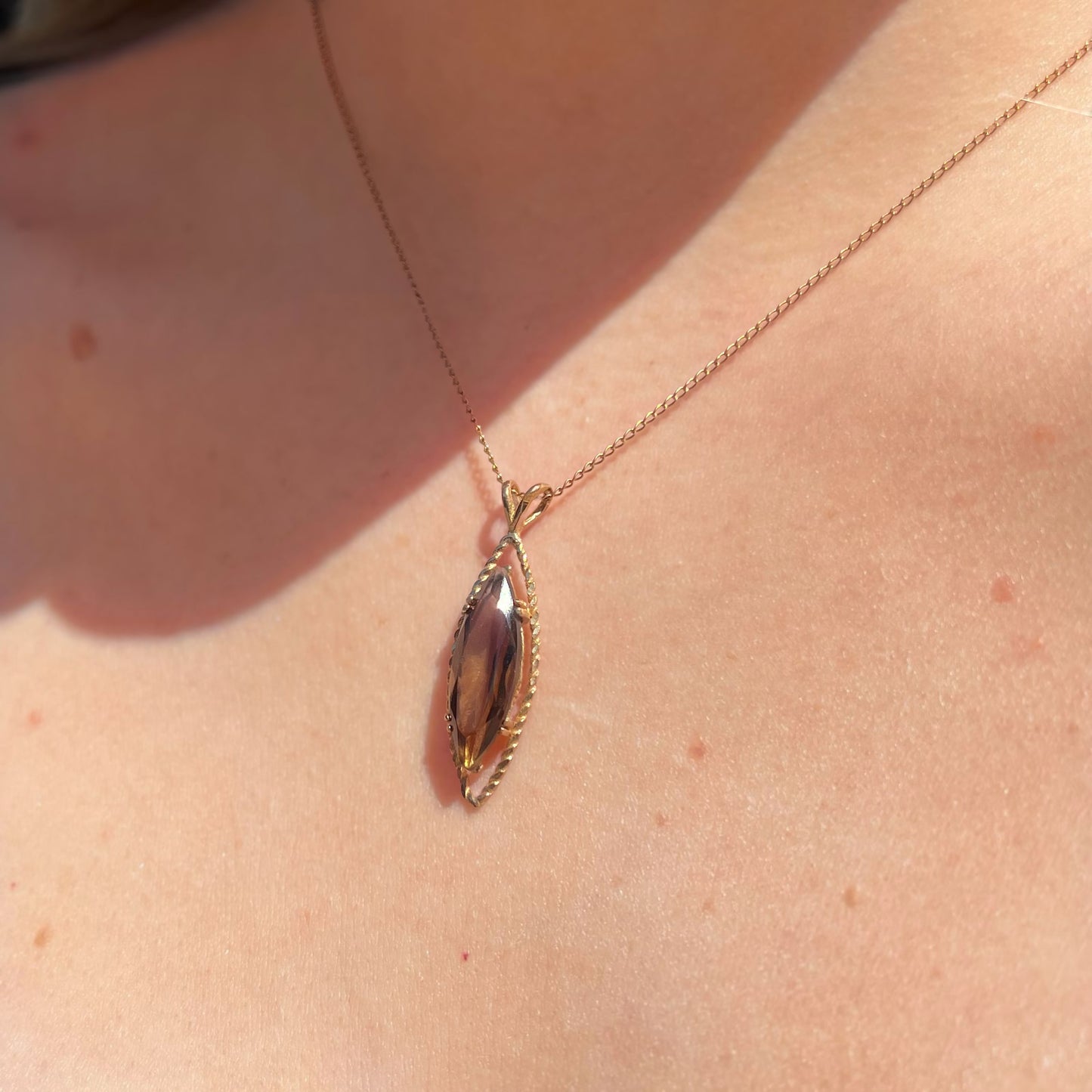 Vintage 9ct Yellow Gold Smoky Topaz Navette Shaped Necklace