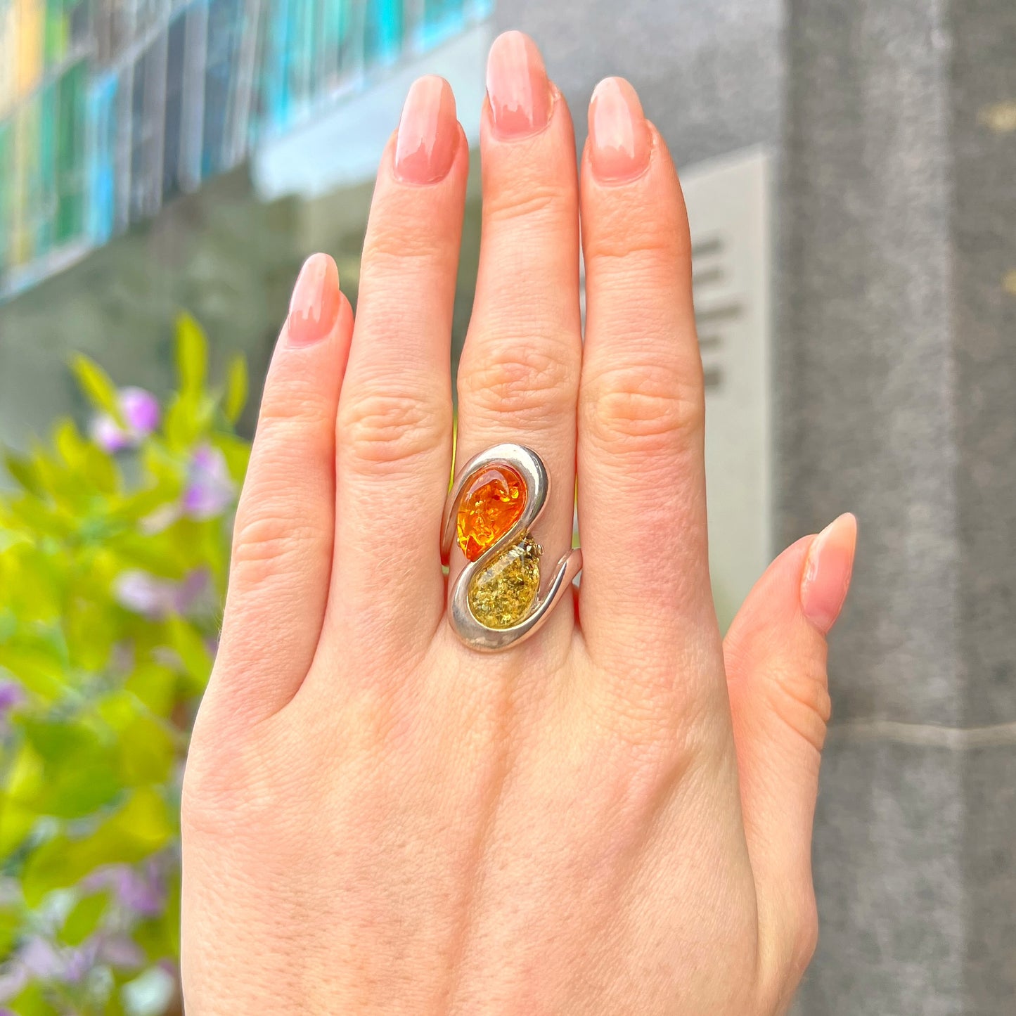 Sterling Silver Green & Orange Amber Twist Ring - Size M